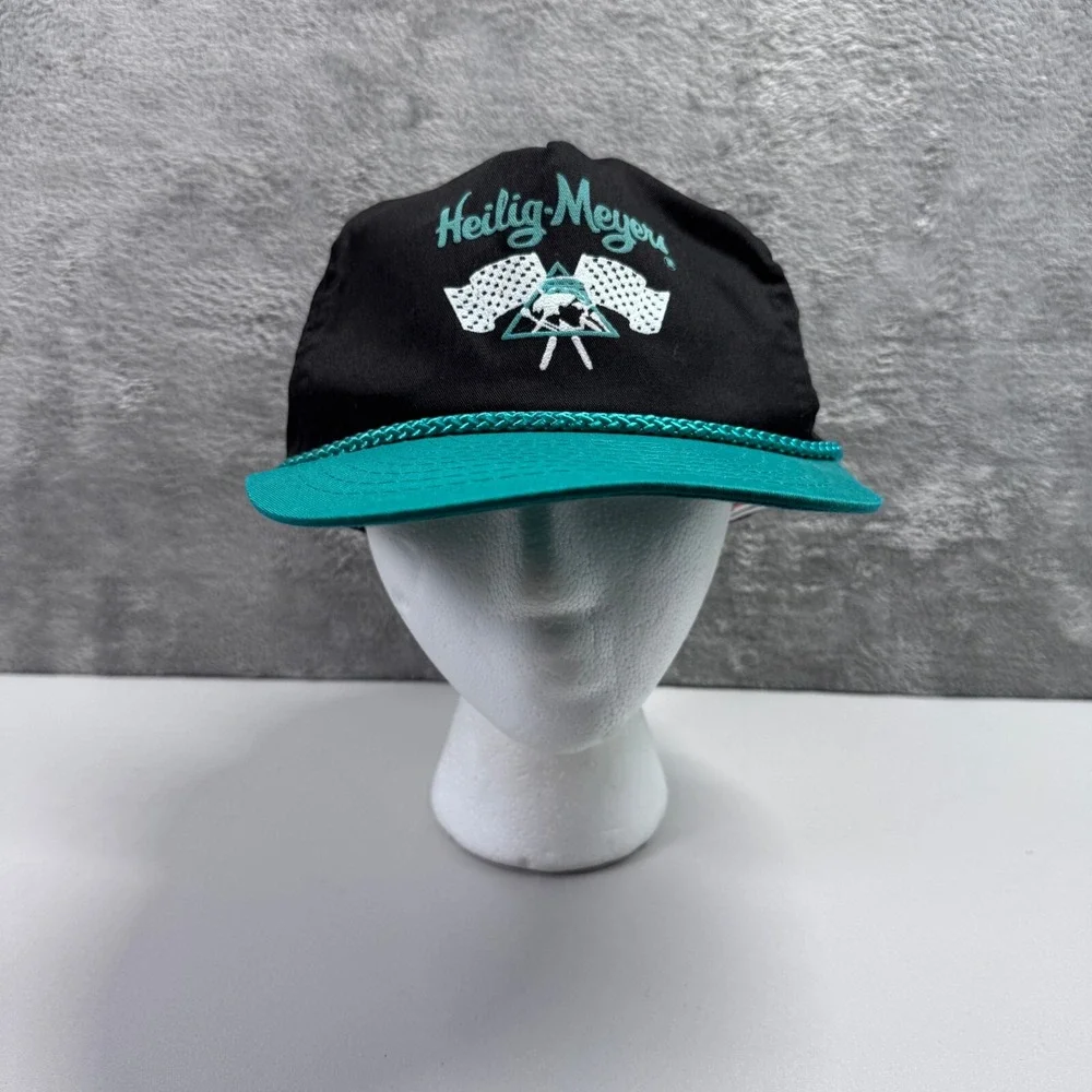 Vintage Heilig Meyers Furniture Embroidered Snapback Hat Black Teal Nissin Cap